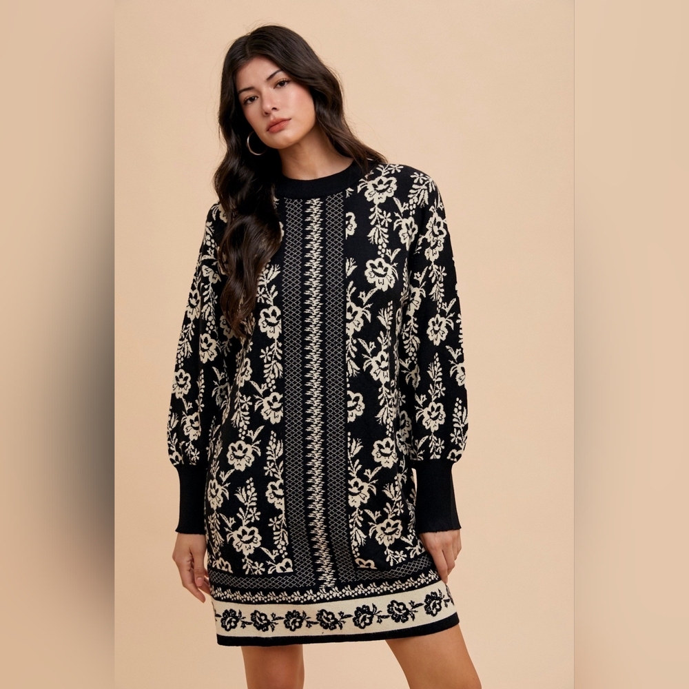 Annie Wear Floral Jacquard Round Neck Sweater Dress - Picture 2 of 7